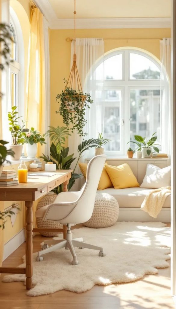 Coin bureau rénové à Strasbourg avec lampe jaune moutarde pour stimuler la créativité.