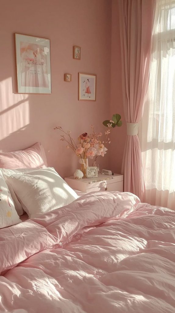 Chambre rénovée à Strasbourg avec déco rose poudré et tête de lit en rotin clair.