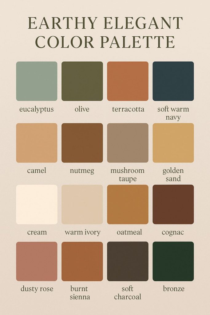 Palette tendance de 2025 avec des couleurs chaudes comme du beige, du bleu, du marron
