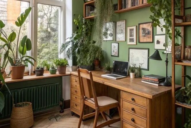 Bureau à la décoration végétale avec meubles en bois, murs verts, tableaux accrochés et grande fenêtre lumineuse