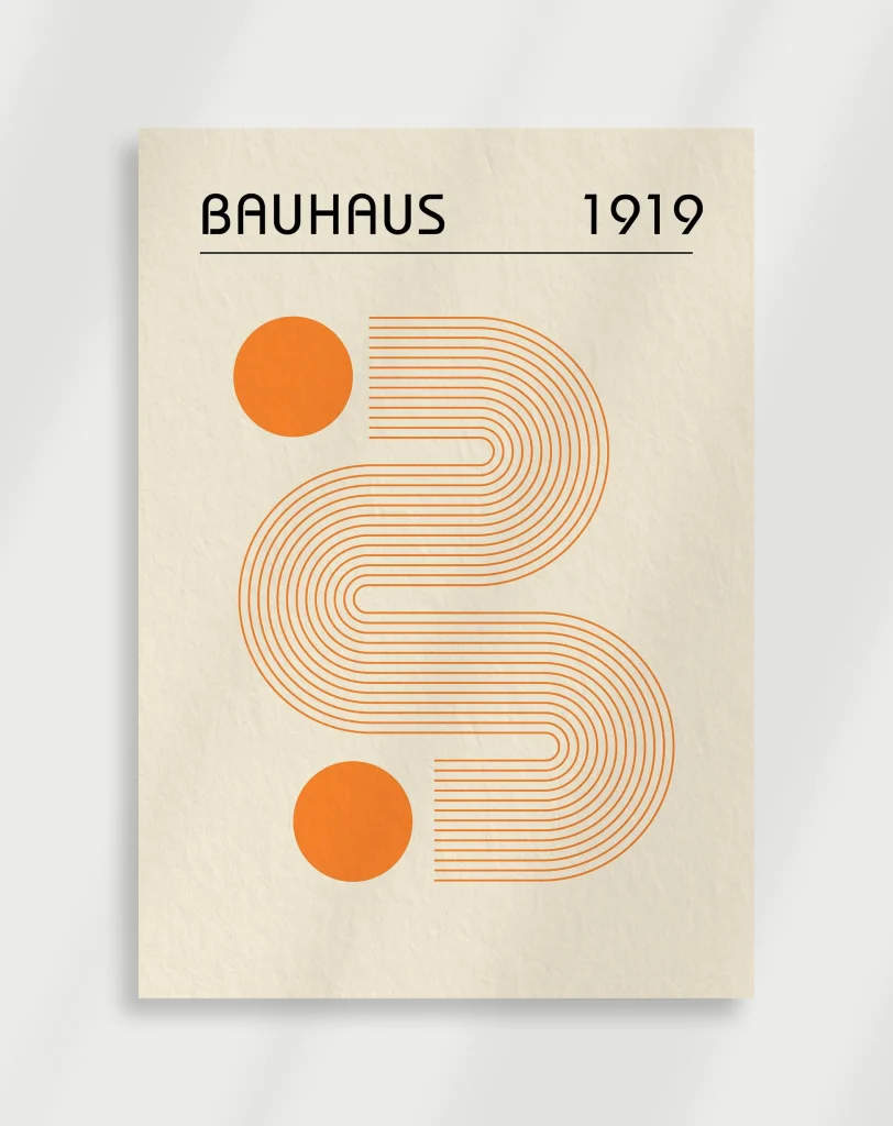 Affiche de style Bauhaus avec des formes géométriques orange sur fond crème, pour illustrer un magasin de bricolage allemand.