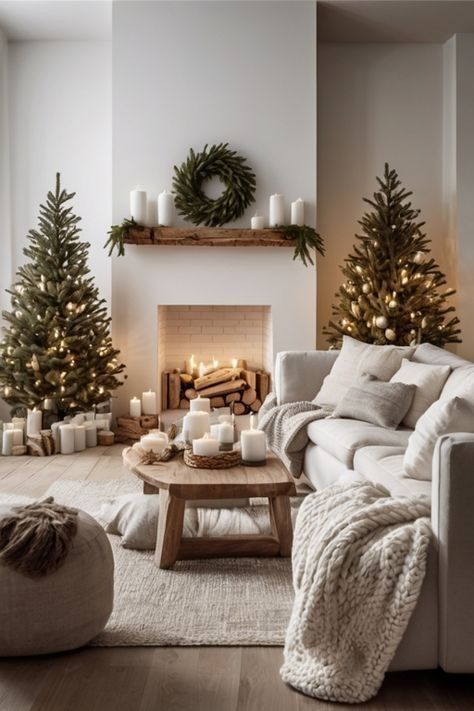 Décorateur d’intérieur Strasbourg : salon décoré pour Noël avec bougies, décorations en bois et coussins
