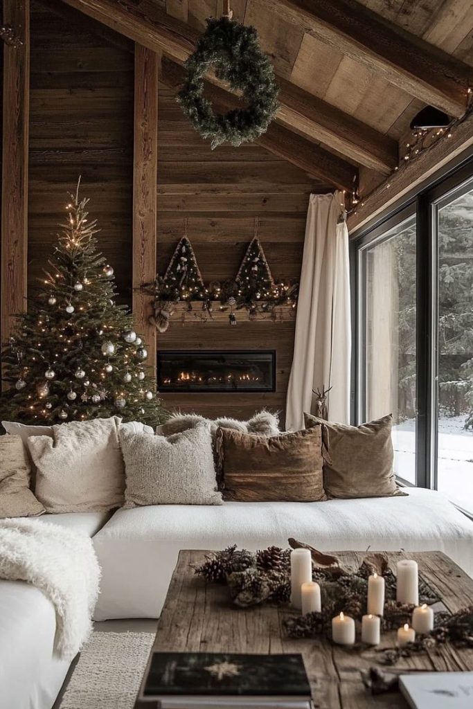 Décorateur d’intérieur Strasbourg : salon cosy brun dans un chalet avec cheminée, sapin de Noël et vue sur forêt enneigée
