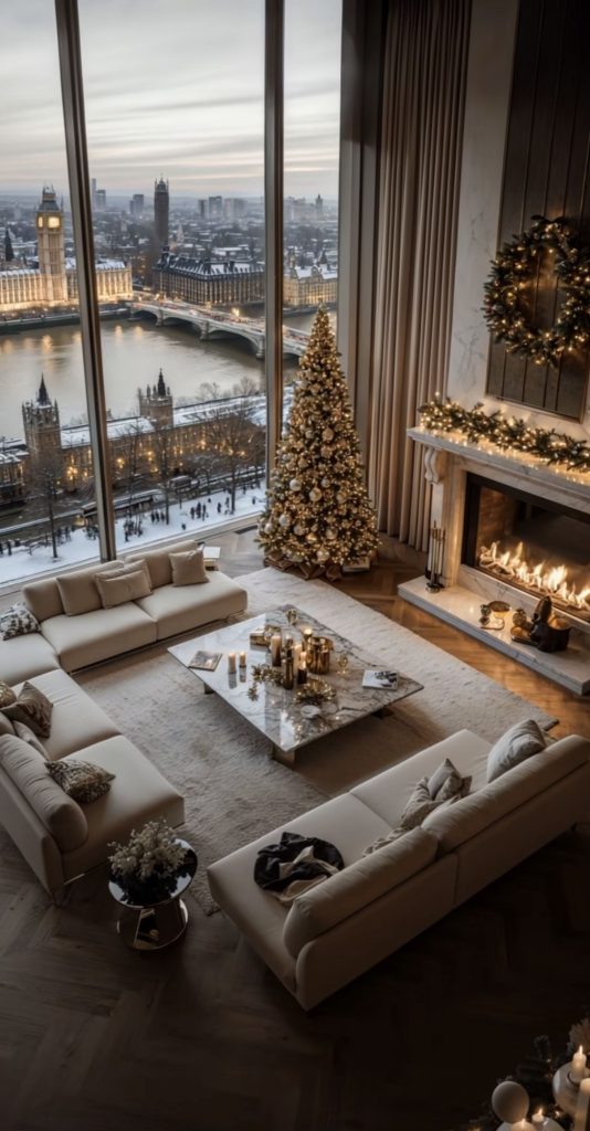 Décorateur d’intérieur Strasbourg : salon beige avec sapin de Noël décoré crème et cheminée en marbre allumée
