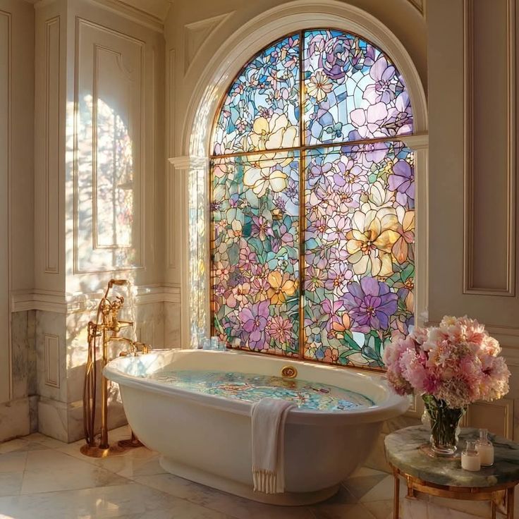 salle de bain avec vitrail qui utilise la psychologie des couleurs 